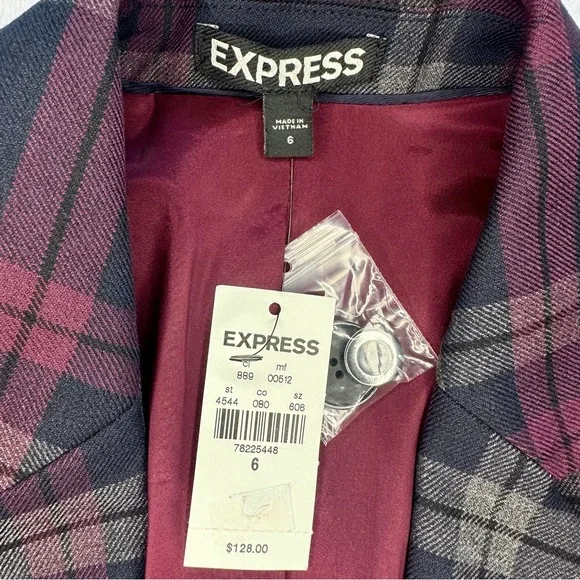 Express NWT Silk Lined Plaid Blazer in Red, Black, Gray Dark Academia Size 6 - Picture 2 of 8